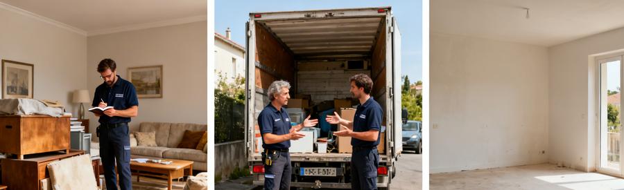 Professionnels du débarras comparant des offres et inspectant des meubles dans un salon avant nettoyage, montrant le processus de tri.