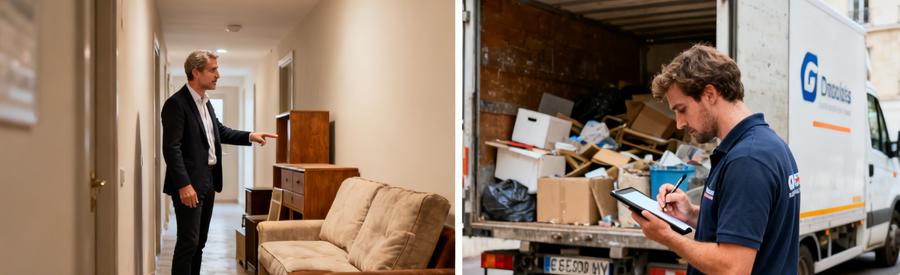 Un gestionnaire de copropriété et un débarras professionnel discutent d'un chantier, évaluant des meubles dans un couloir.