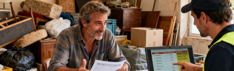 Un homme examine des devis de débarras tandis qu'un professionnel montre des offres sur un ordinateur, illustrant la comparaison.