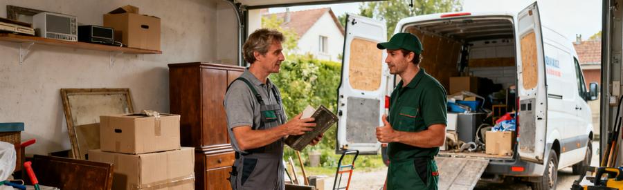 Deux pros du débarras discutent dans un garage encombré, montrant des objets à évaluer.