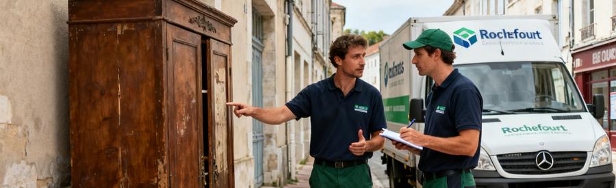 Deux professionnels du débarras à Rochefort évaluant une armoire pour comparer les offres avant validation.