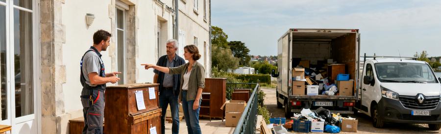 Professionnels du débarras à Saint-Sébastien-sur-Loire, discutant avec un client, montrant une camionnette chargée.