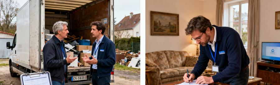 Deux professionnels comparent des offres de débarras à Massy, illustrant l'importance de la comparaison des prix et services.