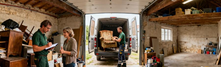Trois professionnels du débarras en action, inspectant, chargeant et triant au sein d'un garage, montrant leur expertise et réactivité.
