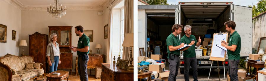 Deux débarras professionnels évaluent des objets dans un garage à Bayonne, illustrant la comparaison de services.
