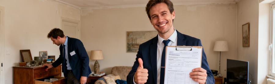 Professionnels en débarras à Châteauroux inspectant des meubles et montrant des offres, ambiance de confiance et d'expertise.
