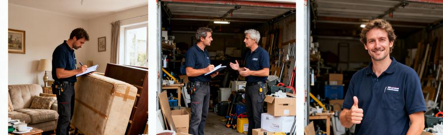 Deux équipes de débarras évaluent des meubles dans un garage, montrant une analyse collaborative pour un débarras efficace.