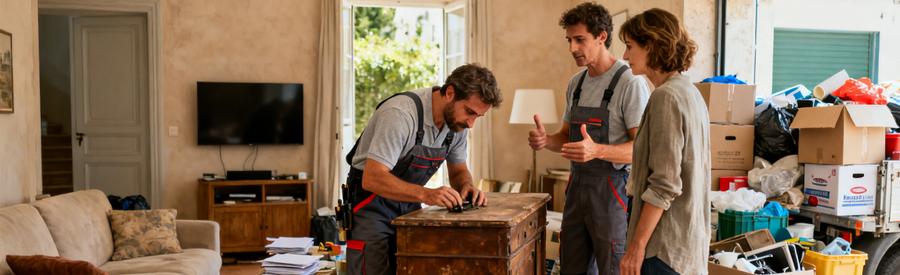 Un professionnel du débarras évalue un meuble avec un client à Salon-de-Provence, entouré de cartons et objets à trier.