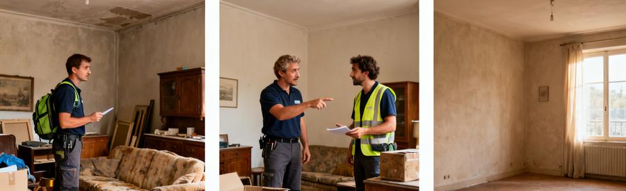 Professionnel évaluant des objets à évacuer, discussion entre débarras professionnels et salon vidé et propre.