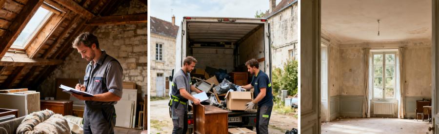 Professionnels du débarras en action à Auxerre, évaluation et chargement, espace dégagé.