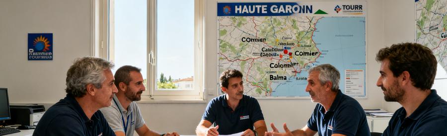 Professionnels du débarras à Tournefeuille discutent des offres autour d'une table, avec des cartes et brochures, illustrant une recherche collective.