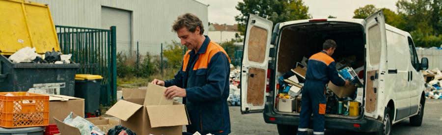 Deux professionnels du débarras trient méthodiquement des objets, certains pour dons, d'autres pour recyclage.