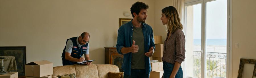 Couple et professionnel évaluant des meubles dans un salon à Canet-en-Roussillon pour un débarras efficace.