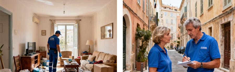 Professionnel évaluant un salon encombré à Bastia et échangeant avec le propriétaire sur le débarras.