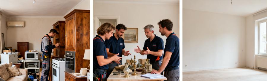 Professionnels inspectant et discutant des objets à évacuer avant un débarras à Bagnols-sur-Cèze, montrant des scènes avant et après le nettoyage.