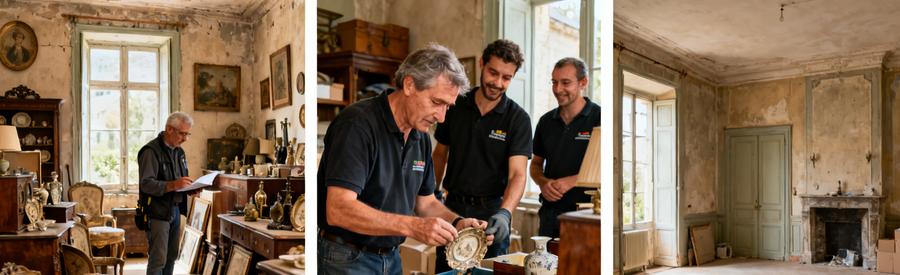 Trois scènes d'un spécialiste du débarras dans le Cher, triant des objets anciens, au processus complet jusqu'à la maison vide.