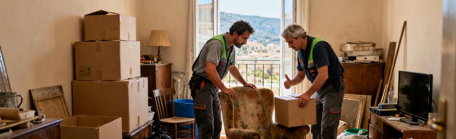 Scène de débarras d'appartement à Ajaccio avec professionnels examinant meubles et cartons dans un espace encombré.