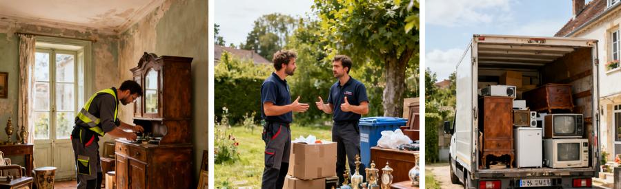 Visuel en trois étapes montrant un débarras à Albi, incluant inspection d'objets de valeur, discussion des professionnels et chargement dans un camion.