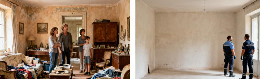 Avant et après le débarras d'un mas provençal à Allauch, montrant un salon encombré puis vidé par des professionnels.