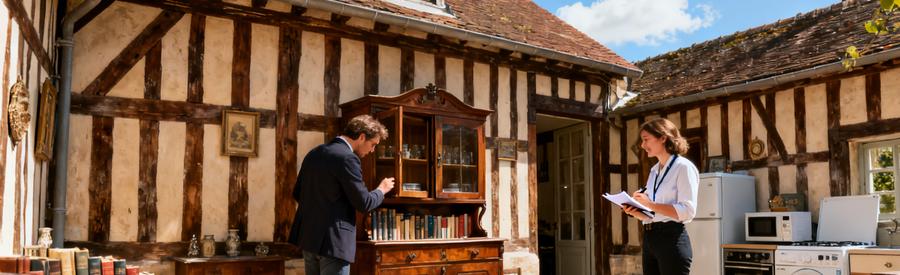 Débarrasseurs inspectant des meubles anciens et des électroménagers devant une maison à colombages à Troyes.