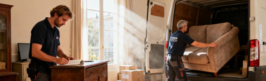 Professionnels du débarras à Angoulême examinant des meubles et chargeant une camionnette.