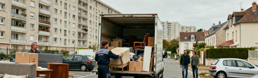 Un professionnel charge des meubles dans une camionnette devant un appartement étudiant à Villeneuve-d'Ascq, illustrant un débarras efficace.