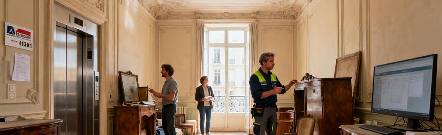 Professionnel évaluant un appartement haussmannien à Marseille 8ème, lumière naturelle, meuble ancien.