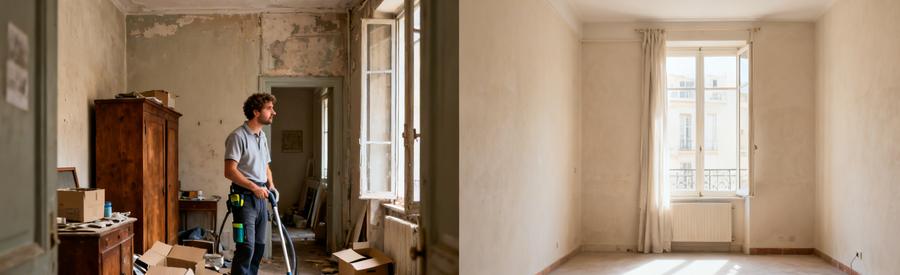 Débarras avant et après d'un appartement à Marseille, montrant des meubles anciens à évacuer et un espace nettoyé.