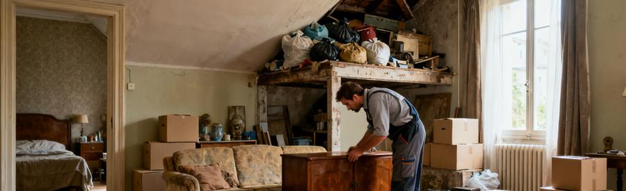 Professionnel inspectant un salon d'appartement à Vandœuvre-lès-Nancy, entouré d'objets à débarrasser.
