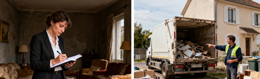 Professionnels évaluant des meubles dans un salon après un décès, camion de débarras dehors.