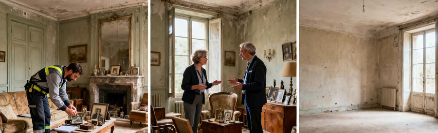 Professionnels du débarras respectueux triant des objets après un décès, illustrant la légèreté d'esprit après le service.