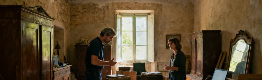 Professionnel inspectant des vieux meubles dans une maison à Aubagne, en vue de débarras.