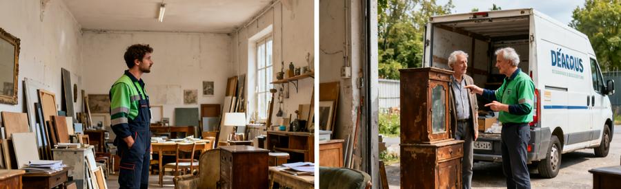 Évaluation de meubles dans un studio et discussion avec un héritier pour un débarras à Bagnols-sur-Cèze.