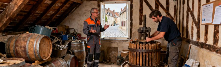 Professionnels du débarras évaluant un grenier avec vieux tonneaux et pressoirs à Beaune, centre historique.