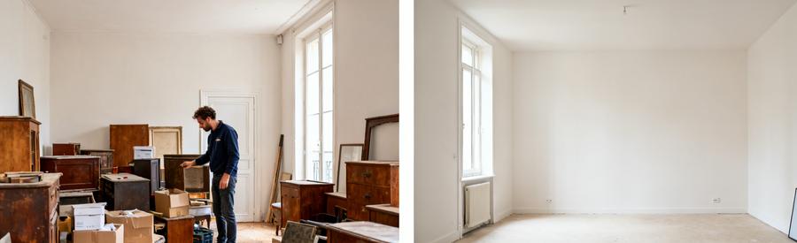 Avant et après le débarras d'un studio à Beaune, montrant un espace encombré puis vide et propre.