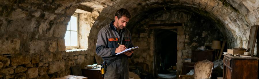 Un professionnel inspecte une cave voûtée de Bergerac remplie de vieux objets et cartons, en tenue de travail.