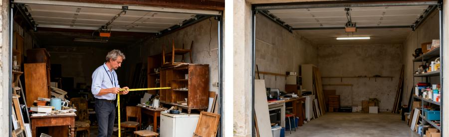 Professionnel évaluant un garage encombré puis garage propre après débarras à Bergerac.