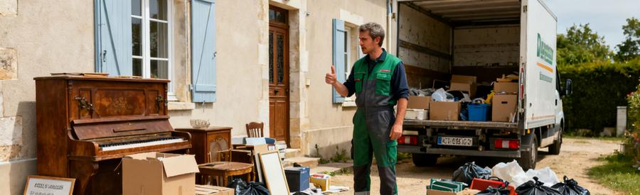 Un professionnel du débarras évalue des objets devant une maison, prêt à les charger dans un camion.