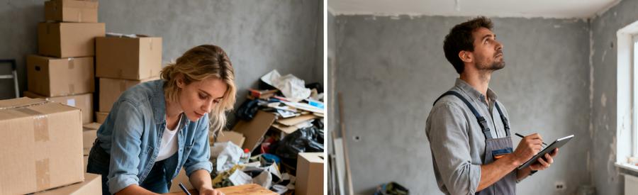 Scène de débarras à Besançon montrant un formulaire en cours de remplissage et un professionnel évaluant le chantier.
