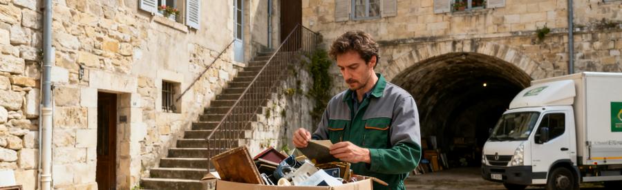 Un débarras professionnel à Besançon avec un spécialiste examinant des cartons devant un bâtiment ancien.