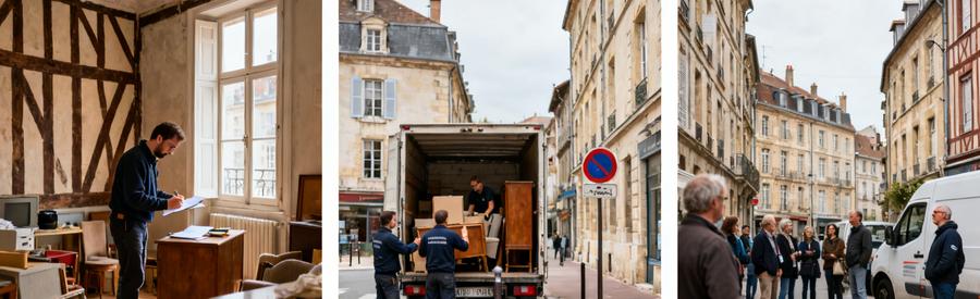 Débarras à Besançon, équipe professionnelle évaluant des biens et respectant les contraintes de circulation en zone piétonne.