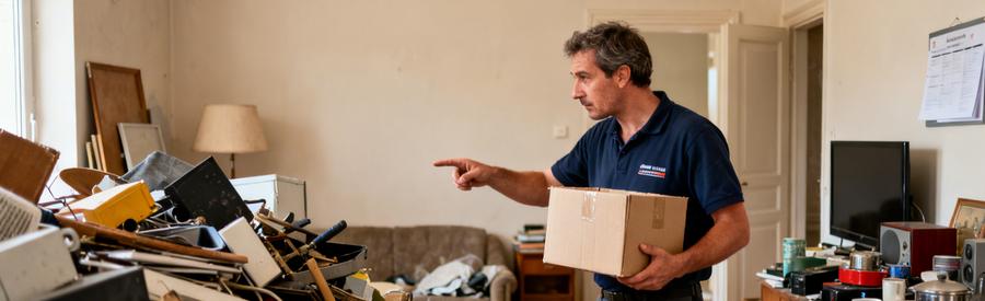 Un professionnel du débarras aide à trier les objets dans une pièce, montrant l'importance de la préparation.