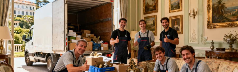 Débarras professionnel dans une villa Belle Époque à Biarritz avec des experts triant des objets anciens.