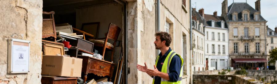 Un débarras professionnel à Boulogne-sur-Mer devant un vieil immeuble, avec des meubles et cartons à évacuer.