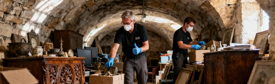 Débarras professionnel d'une cave voûtée à Bourges avec des experts triant des objets anciens.