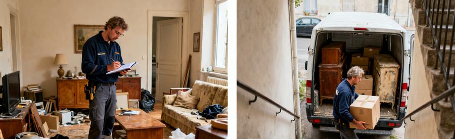 Débarras à Bron étape par étape : évaluation des objets et chargement dans une camionnette.