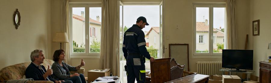Débarras professionnel dans un pavillon de Bron, évaluation de meubles dans un salon en désordre.