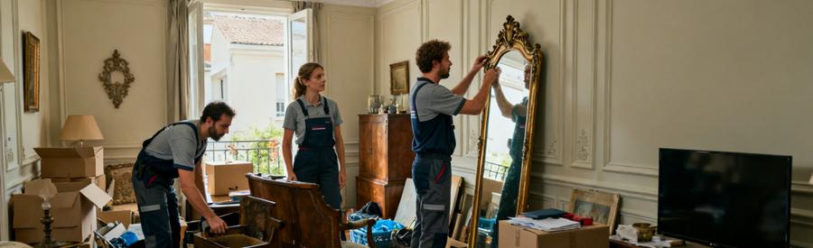 Professionnels du débarras à Bron trient meubles et objets dans un salon encombré.