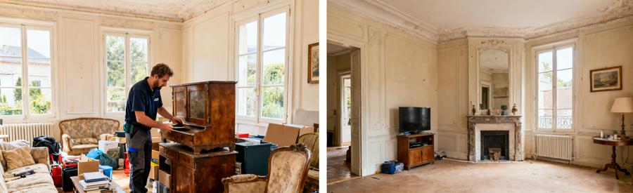Avant et après d'un débarras à Brunoy, un professionnel évalue des meubles dans un salon encombré, puis un salon dégagé.
