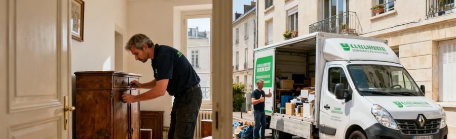 Un débarras à Caen avec des pros inspectant des meubles et une camionnette prête.